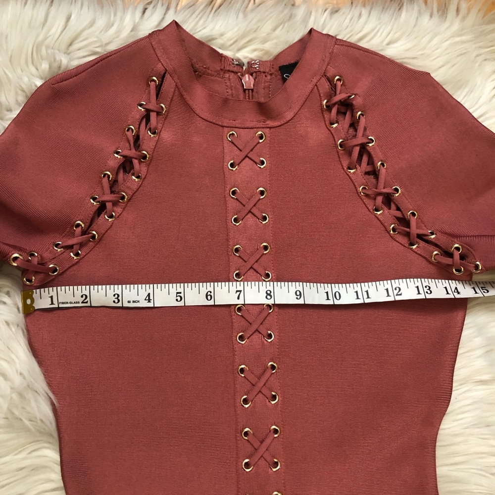 Windsor Bodycon Criss Cross Mock Neck Long Sleeve Rust Orange Mini Dress size S - Picture 9 of 11